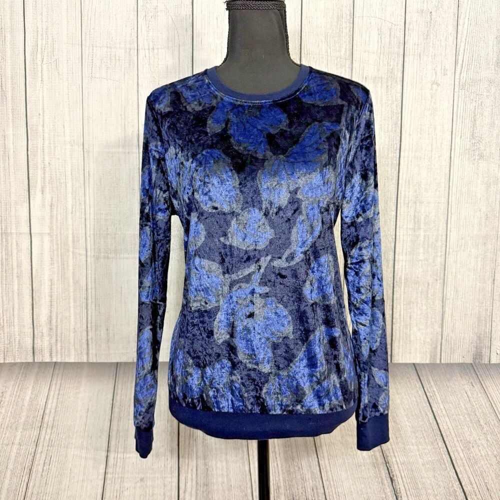 Nanette Lepore Womens Med Blue Floral Crushed Velvet Pullover Top Elevated Basic